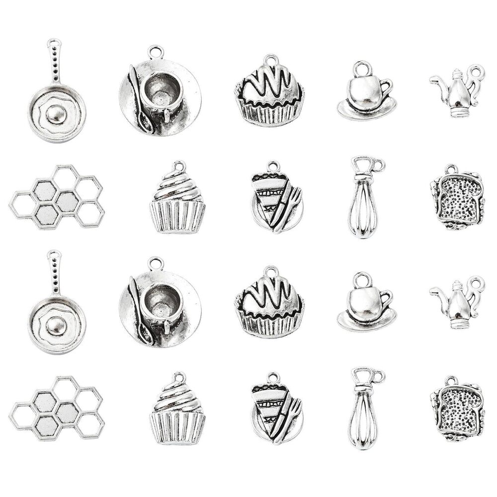 2935 100pcs 10 Styles Tibetan Breakfast Charms - Antique Silver Cake Coffee